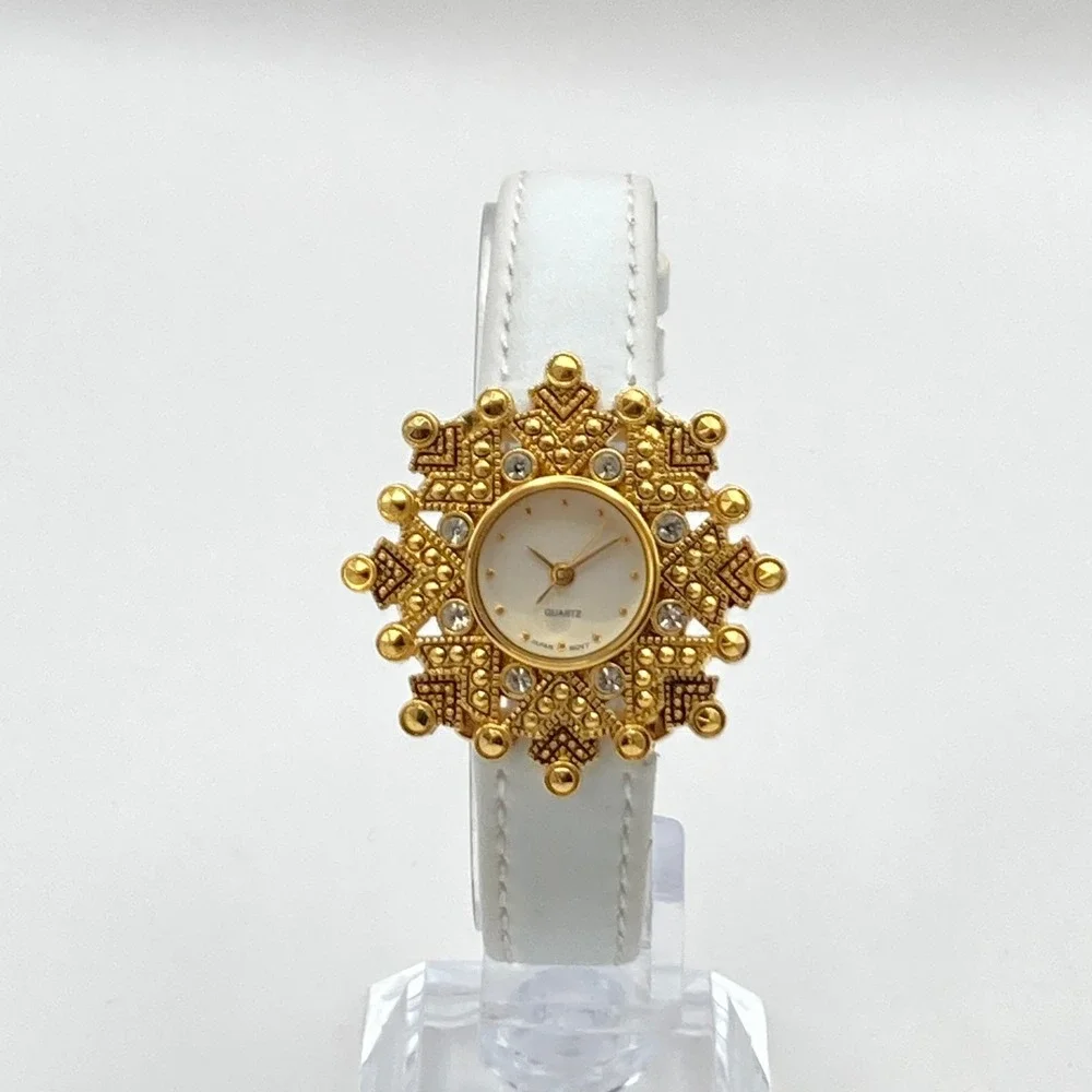 Avon Women's Watch Gold Tone Crystals Bling 35mm White Leather New Battery 7.75